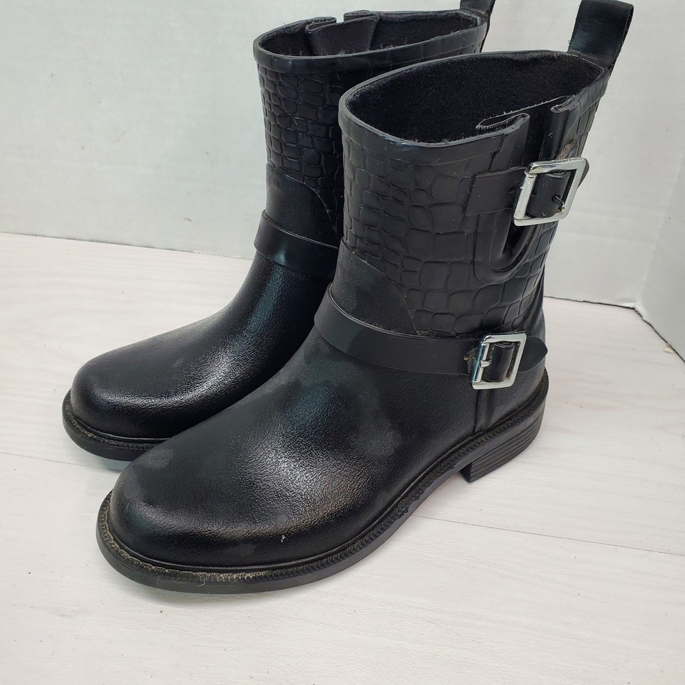 Sam Edelman Black Faux Croc Buckle Moto Rain Boots Size 6 Witchy Whimsigoth Goth